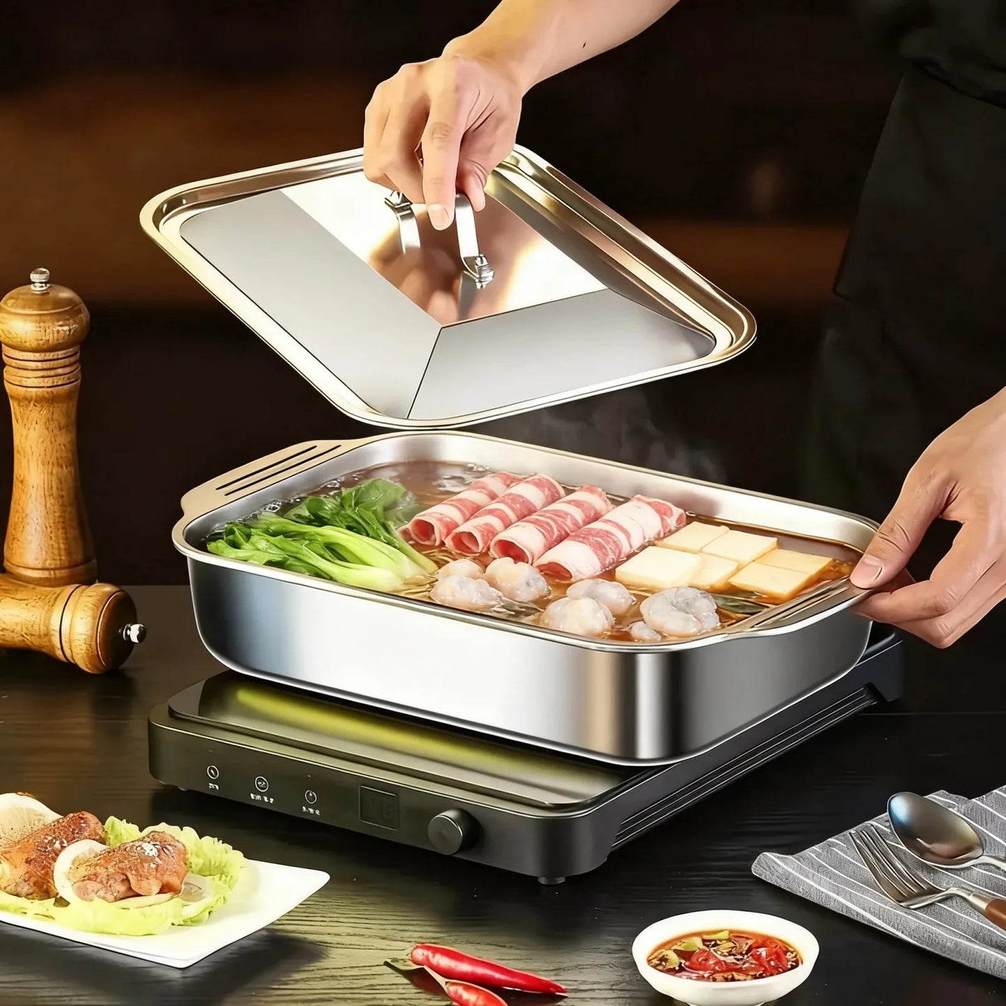 Sartén para asar cubierta de acero inoxidable, horno antiadherente grueso, seguro con asas resistentes al calor para asar, hornear, servir Buffet