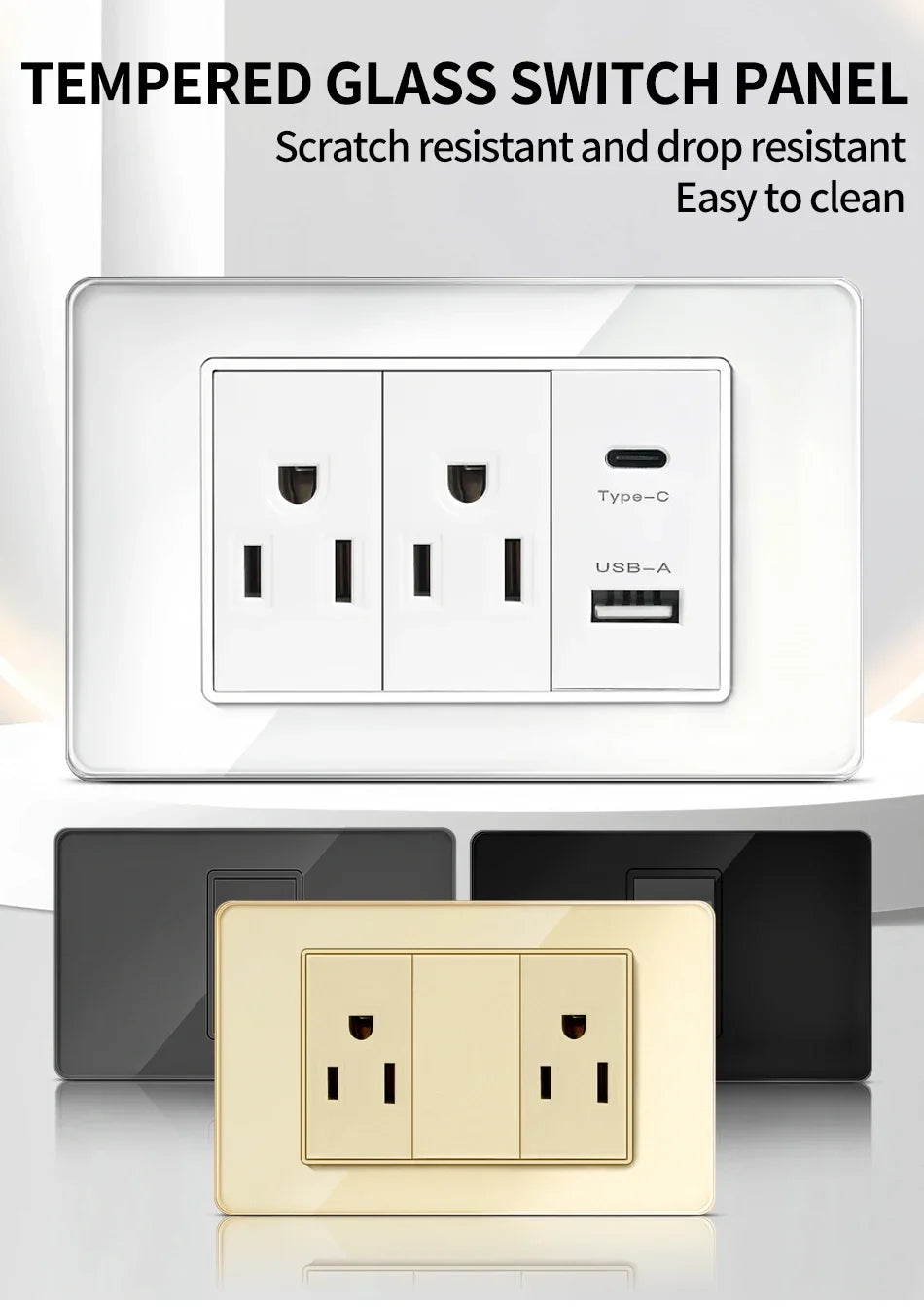 T&I US Standard 118 Toma de pared con interruptor, panel de vidrio templado, puertos de carga USB y tipo C
