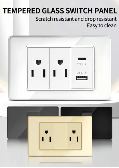 T&I US Standard 118 Toma de pared con interruptor, panel de vidrio templado, puertos de carga USB y tipo C