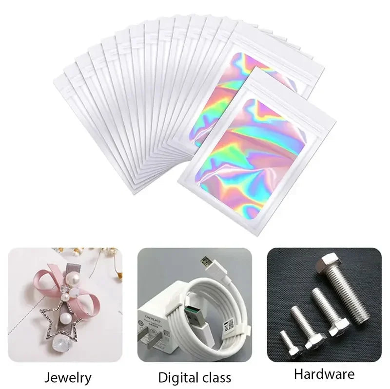 100 Uds. Bolsas holográficas resellables Mylar Ziplock Candy Suger Tee joyería bolsa de almacenamiento de belleza muestra joyería embalaje plástico Pou