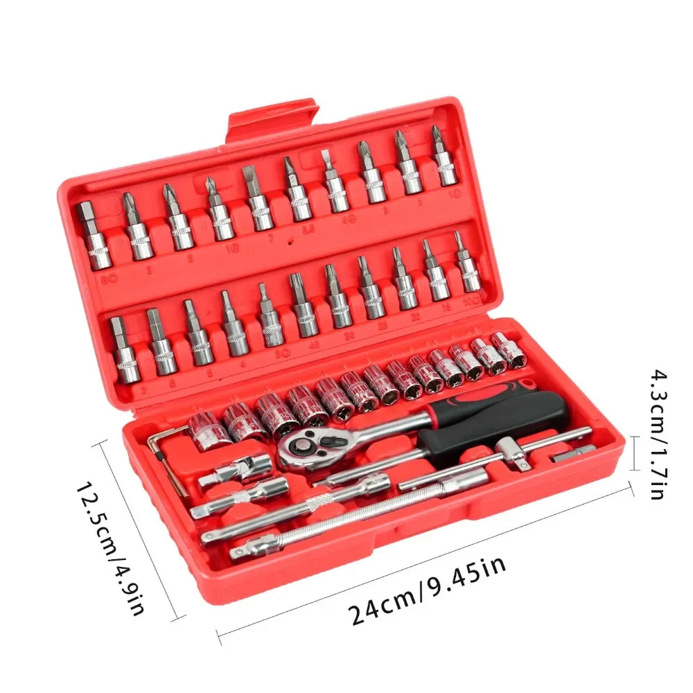 Juego de reparación de enchufes montados en vehículo, mantenimiento automotriz, herramientas familiares, venta de fábrica, combinación de reparación de automóviles, caja de herramientas con llave de trinquete, 46 piezas