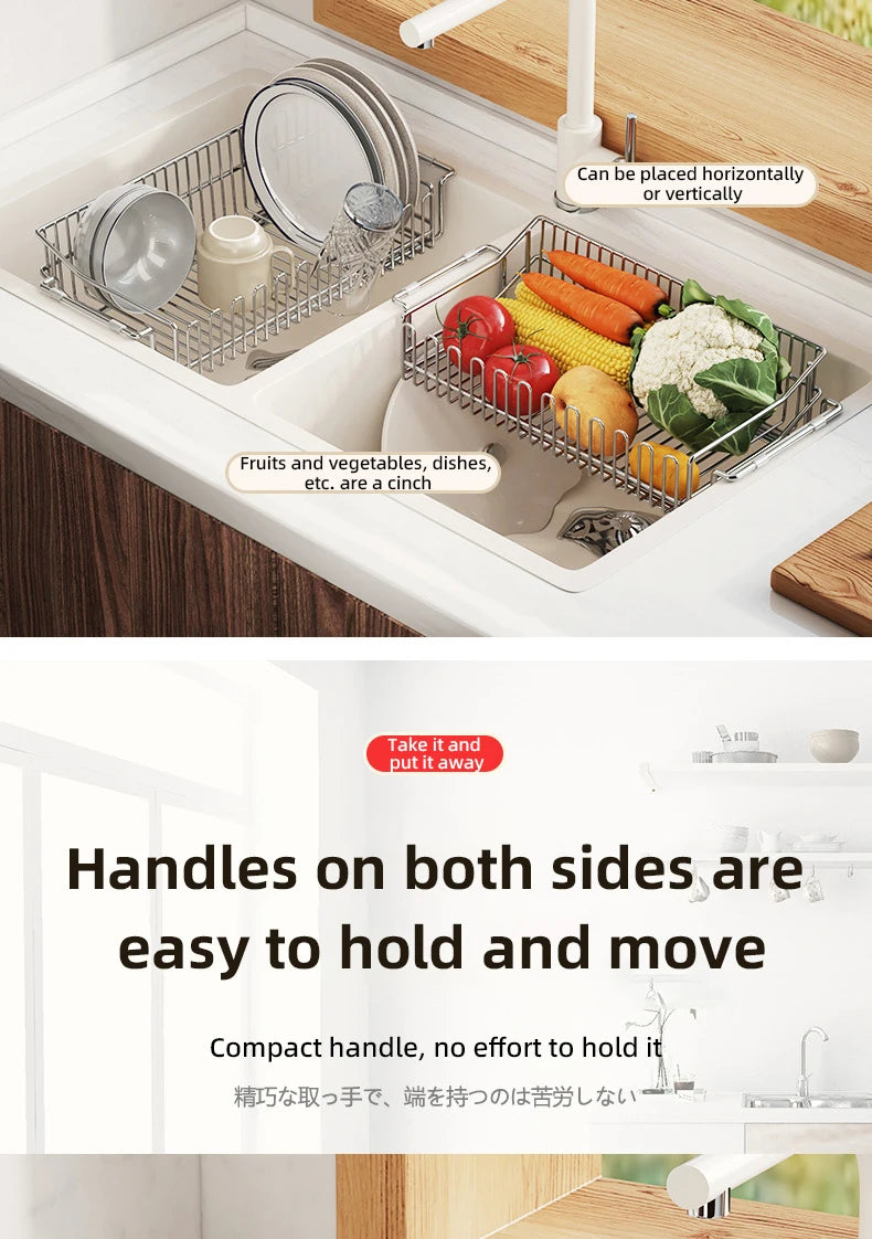 Escurridor de fregadero de cocina de acero inoxidable, estante de secado de platos expandible, soporte de almacenamiento para cuencos de frutas y verduras, organizar utensilios de cocina