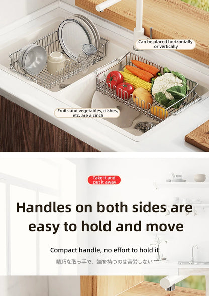 Escurridor de fregadero de cocina de acero inoxidable, estante de secado de platos expandible, soporte de almacenamiento para cuencos de frutas y verduras, organizar utensilios de cocina