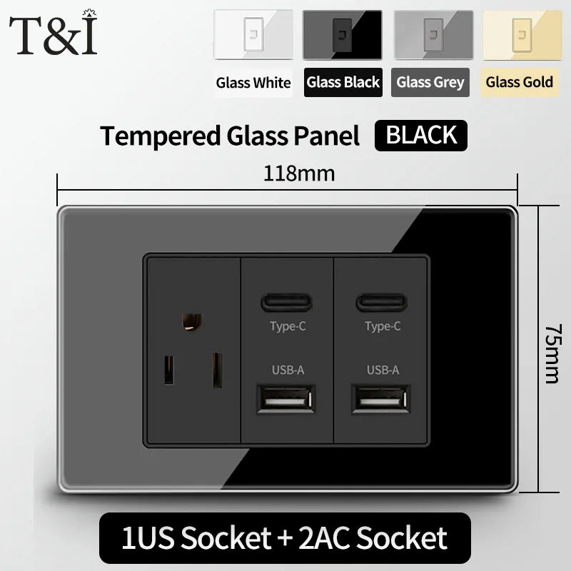 T&I US Standard 118 Toma de pared con interruptor, panel de vidrio templado, puertos de carga USB y tipo C