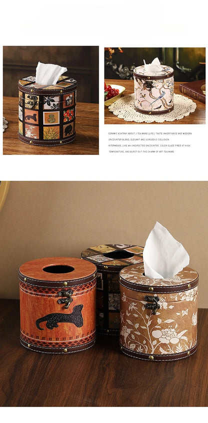 Caja de pañuelos estilo chino Guofeng, caja circular de cuero con cajón, estilo de lujo ligero, caja de servilletas adecuada para el hogar, sala de estar, dormitorio