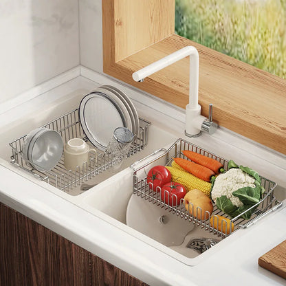 Escurridor de fregadero de cocina de acero inoxidable, estante de secado de platos expandible, soporte de almacenamiento para cuencos de frutas y verduras, organizar utensilios de cocina