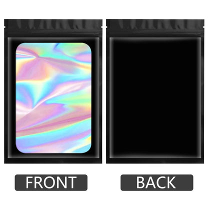 50 Uds. Bolsas Mylar resellables a prueba de olores, bolsas de plástico holográficas con cierre de cremallera para joyería de dulces, bolsas de papel de aluminio para almacenamiento de alimentos