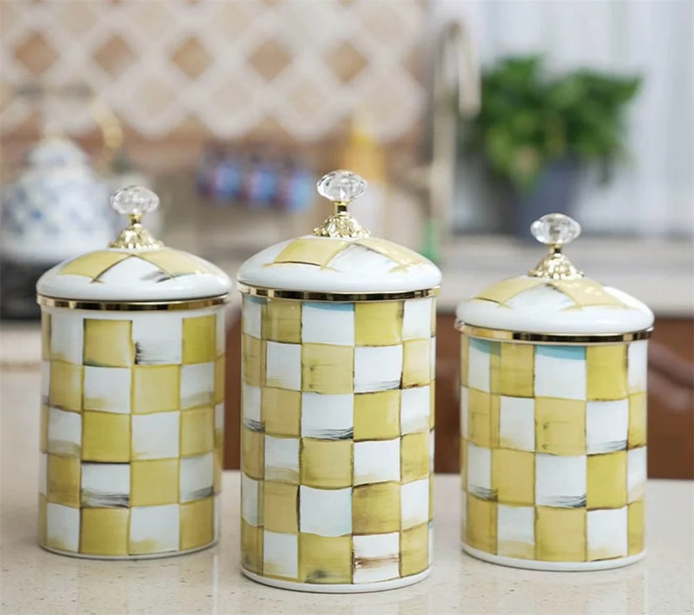 Tarro de almacenamiento clásico Retro europeo, adorno de tablero de ajedrez, contenedores de cocina esmaltados de porcelana, tarros de almacenamiento de azúcar para té y café