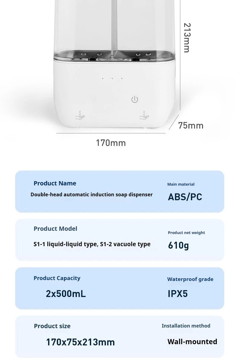 Dispensador automático de jabón de doble cabezal, dispensador de jabón líquido montado en la pared para champú/Gel de ducha/jabón para platos, baño inteligente