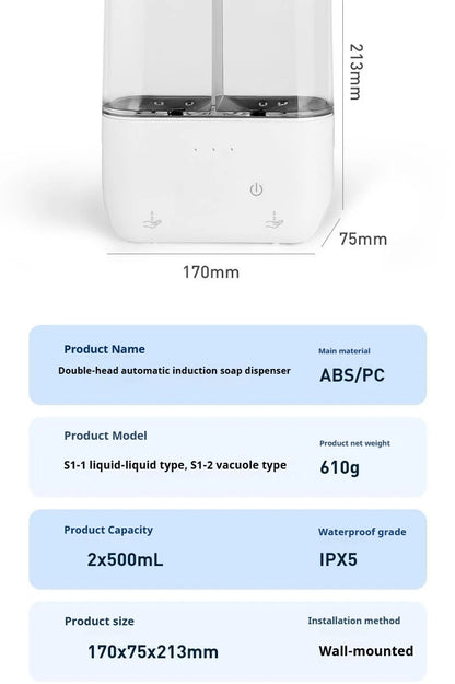 Dispensador automático de jabón de doble cabezal, dispensador de jabón líquido montado en la pared para champú/Gel de ducha/jabón para platos, baño inteligente