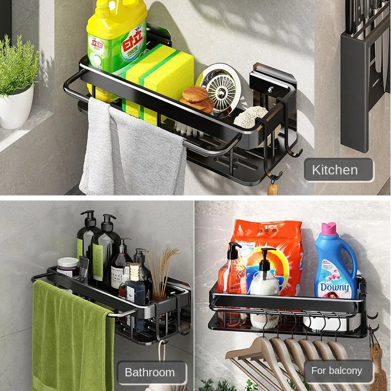 Soporte para fregadero de cocina, estante de almacenamiento de aluminio grueso para toalla y esponja, cesta organizadora de drenaje, estantes de baño