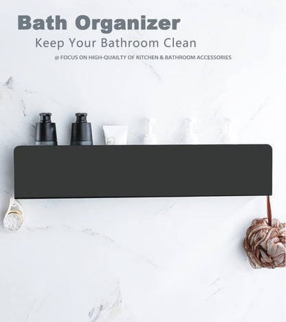 Estante organizador de baño negro con ganchos, estantes de decoración de cocina de aluminio en pared, estante de almacenamiento para ducha, montaje en pared