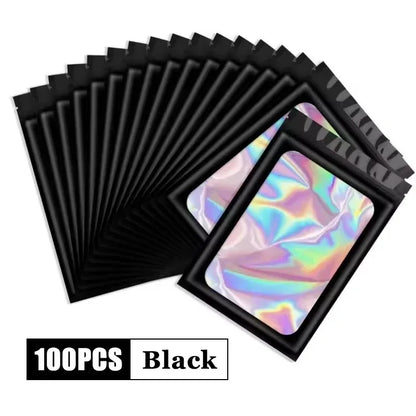 100 Uds. Bolsas holográficas resellables Mylar Ziplock Candy Suger Tee joyería bolsa de almacenamiento de belleza muestra joyería embalaje plástico Pou