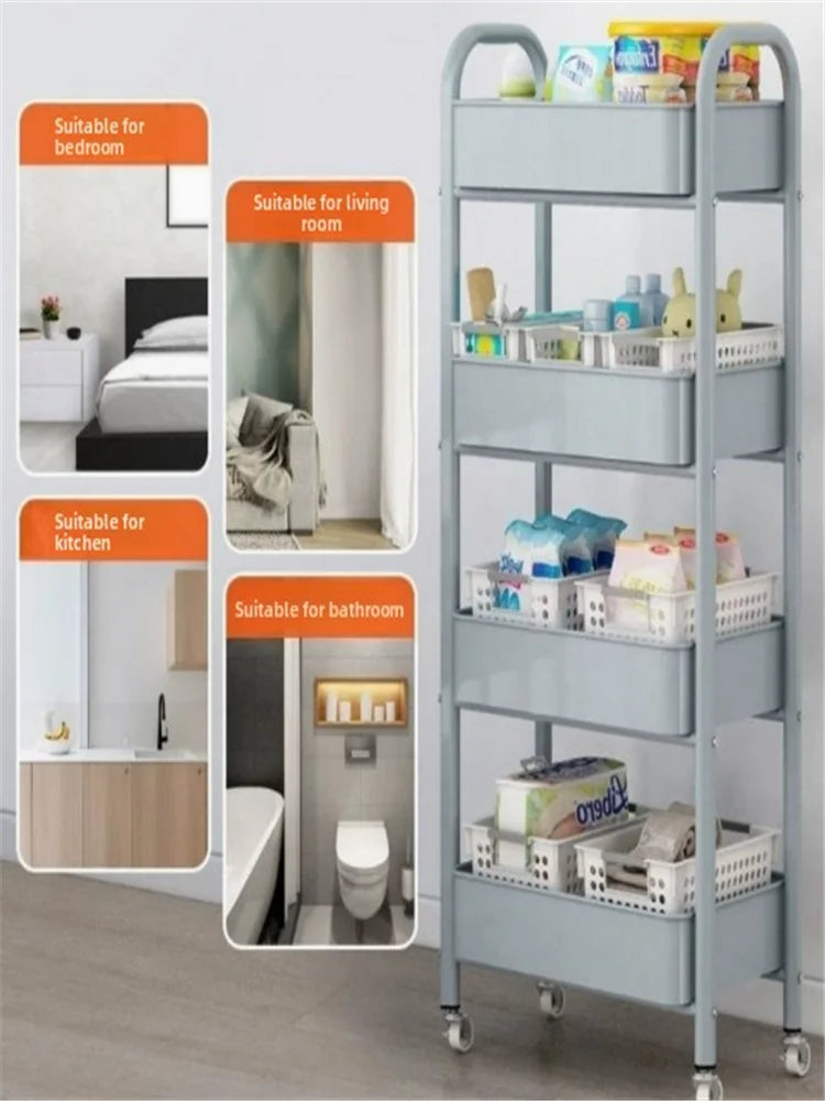 Carro con manillar y estante de almacenamiento, de pie, almacenamiento multicapa para cocina, baño, aperitivos y artículos de tocador