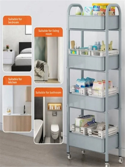 Carro con manillar y estante de almacenamiento, de pie, almacenamiento multicapa para cocina, baño, aperitivos y artículos de tocador