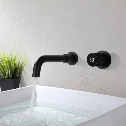 Grifo de baño de latón negro Diseño de pantalla digital inteligente oculto Grifo de lavabo de doble control frío y caliente gris de una sola manija