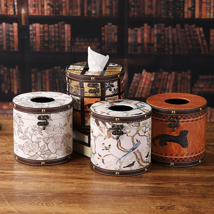 Caja de pañuelos estilo chino Guofeng, caja circular de cuero con cajón, estilo de lujo ligero, caja de servilletas adecuada para el hogar, sala de estar, dormitorio