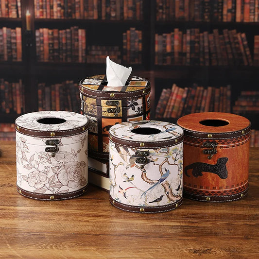 Caja de pañuelos estilo chino Guofeng, caja circular de cuero con cajón, estilo de lujo ligero, caja de servilletas adecuada para el hogar, sala de estar, dormitorio