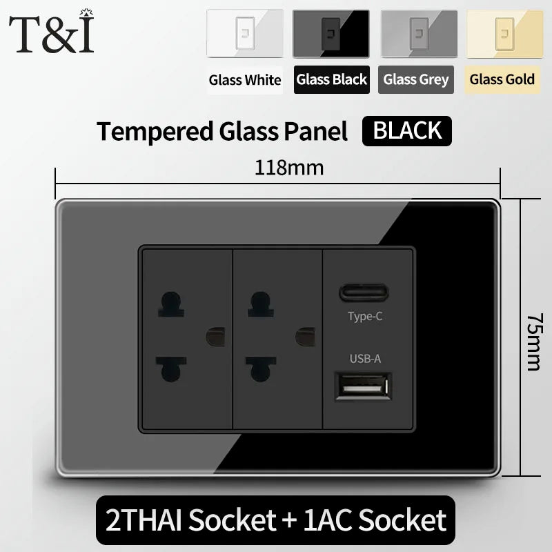 T&I US Standard 118 Toma de pared con interruptor, panel de vidrio templado, puertos de carga USB y tipo C