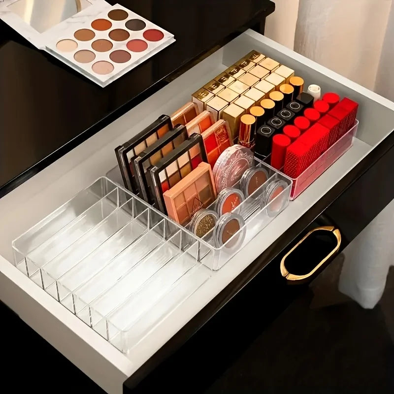 Organizador de maquillaje de plástico transparente con 7 compartimentos, soporte para lápiz labial y sombra de ojos, bandeja de almacenamiento de cosméticos para artículos esenciales de baño