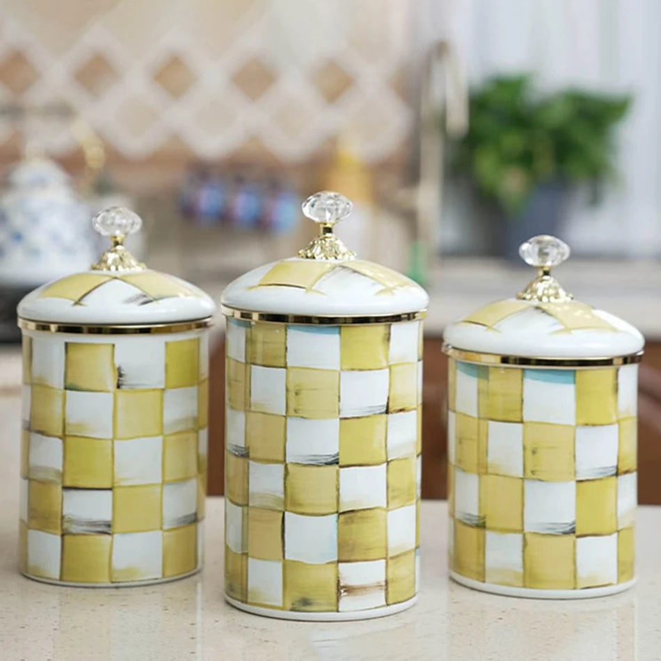 Tarro de almacenamiento clásico Retro europeo, adorno de tablero de ajedrez, contenedores de cocina esmaltados de porcelana, tarros de almacenamiento de azúcar para té y café