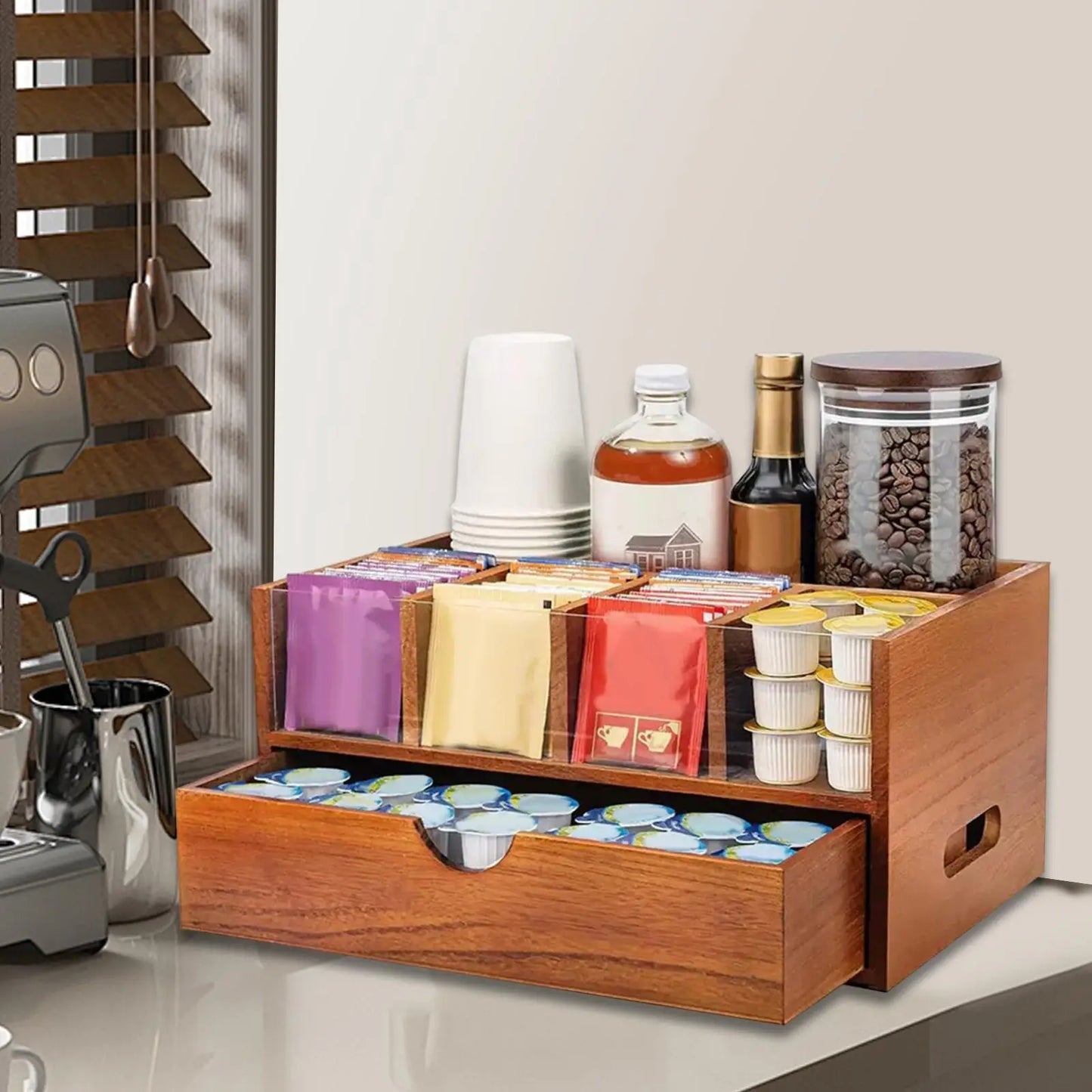 Organizador de barra de café, soporte de almacenamiento de condimentos de té versátil de madera rústica, estante de almacenamiento para escritorio, oficina, cocina, cafetería, tazas