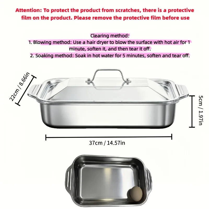 Sartén para asar cubierta de acero inoxidable, horno antiadherente grueso, seguro con asas resistentes al calor para asar, hornear, servir Buffet