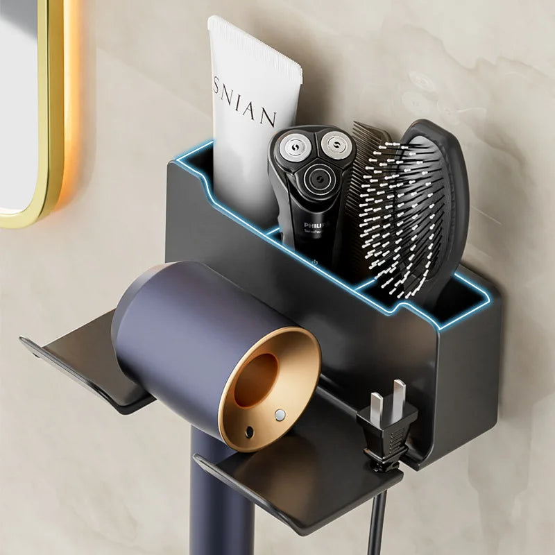 Soporte para secador de pelo montado en la pared, soporte para alisador de pelo, organizador de baño, estantes de organización de baño