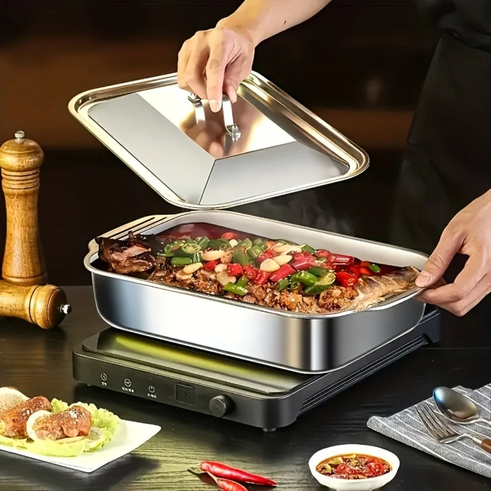Sartén para asar cubierta de acero inoxidable, horno antiadherente grueso, seguro con asas resistentes al calor para asar, hornear, servir Buffet