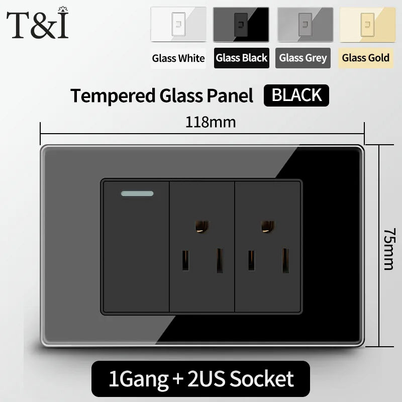 T&I US Standard 118 Toma de pared con interruptor, panel de vidrio templado, puertos de carga USB y tipo C