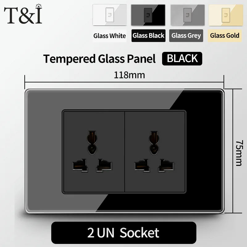 T&I US Standard 118 Toma de pared con interruptor, panel de vidrio templado, puertos de carga USB y tipo C
