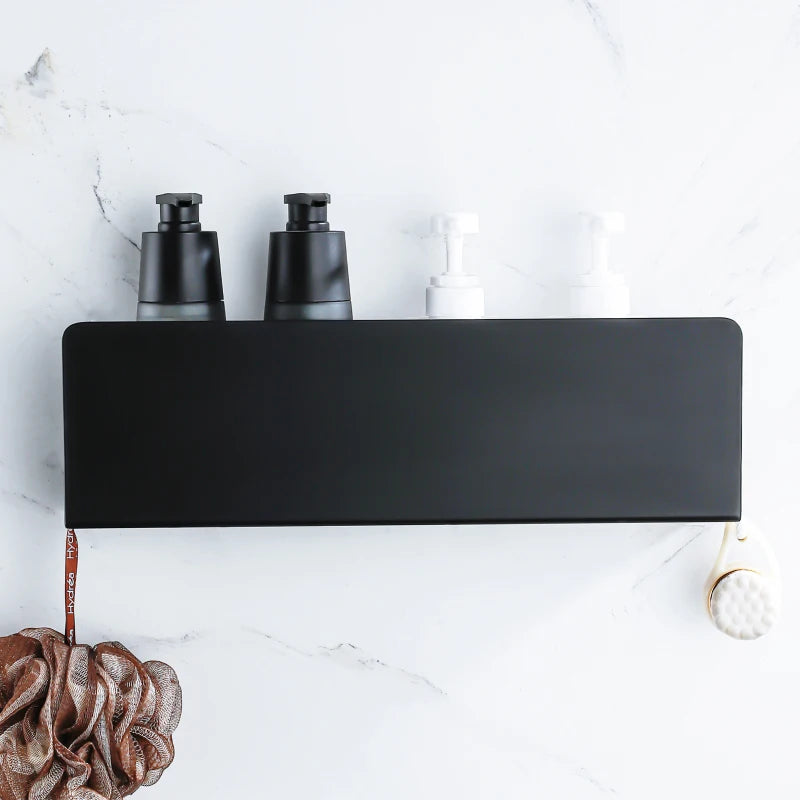 Estante organizador de baño negro con ganchos, estantes de decoración de cocina de aluminio en pared, estante de almacenamiento para ducha, montaje en pared