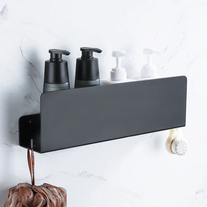 Estante organizador de baño negro con ganchos, estantes de decoración de cocina de aluminio en pared, estante de almacenamiento para ducha, montaje en pared