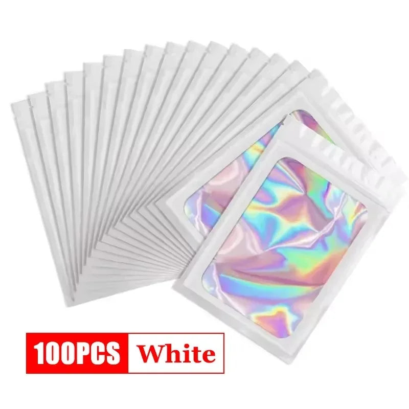 100 Uds. Bolsas holográficas resellables Mylar Ziplock Candy Suger Tee joyería bolsa de almacenamiento de belleza muestra joyería embalaje plástico Pou