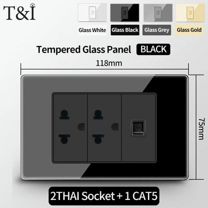 T&I US Standard 118 Toma de pared con interruptor, panel de vidrio templado, puertos de carga USB y tipo C