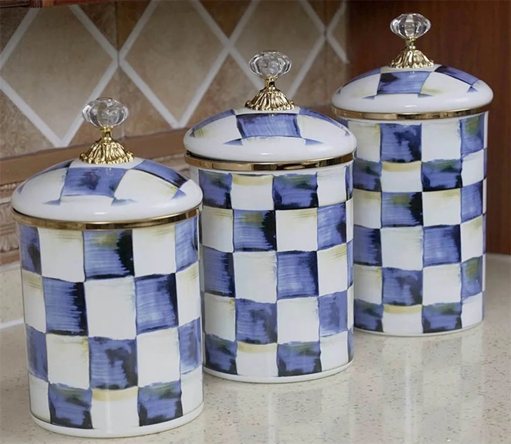 Tarro de almacenamiento clásico Retro europeo, adorno de tablero de ajedrez, contenedores de cocina esmaltados de porcelana, tarros de almacenamiento de azúcar para té y café