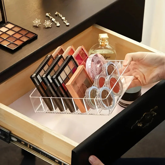 Organizador de maquillaje de plástico transparente con 7 compartimentos, soporte para lápiz labial y sombra de ojos, bandeja de almacenamiento de cosméticos para artículos esenciales de baño