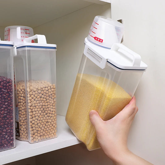 Contenedor de Arroz de 2.3L con Taza Medidora, Dispensador de Arroz de Plástico Libre de BPA, Recipiente de Almacenamiento de Alimentos para Cocina y Despensa para Avena y Harina