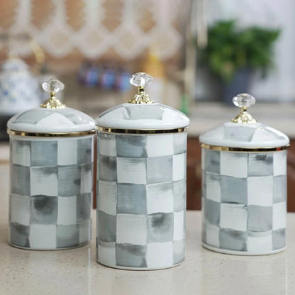 Tarro de almacenamiento clásico Retro europeo, adorno de tablero de ajedrez, contenedores de cocina esmaltados de porcelana, tarros de almacenamiento de azúcar para té y café