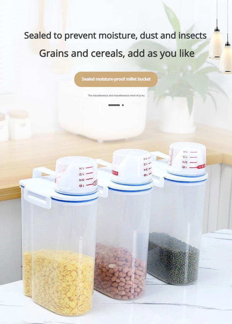 Contenedor de Arroz de 2.3L con Taza Medidora, Dispensador de Arroz de Plástico Libre de BPA, Recipiente de Almacenamiento de Alimentos para Cocina y Despensa para Avena y Harina