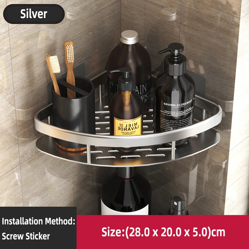 Estante de baño Sin taladro Aleación de aluminio Estante de almacenamiento de champú Montado en la pared Estantes de esquina para ducha de inodoro Accesorios de baño