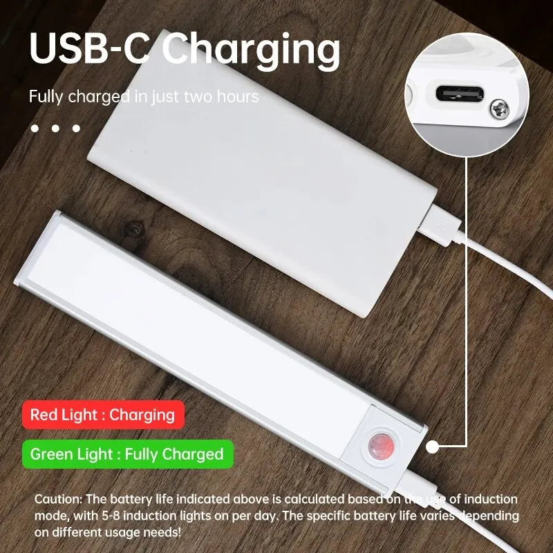 Luz LED con Sensor de movimiento, luz nocturna inalámbrica USB para debajo del gabinete, cocina, dormitorio, armario, Sensor, iluminación interior