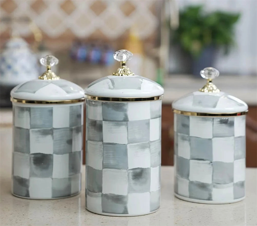 Tarro de almacenamiento clásico Retro europeo, adorno de tablero de ajedrez, contenedores de cocina esmaltados de porcelana, tarros de almacenamiento de azúcar para té y café