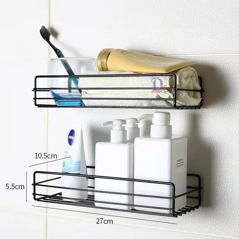 Estante de almacenamiento para baño, organizador de cocina, estantes negros, marco de esquina, perforador de ducha de hierro, estante de Caddy montado gratis