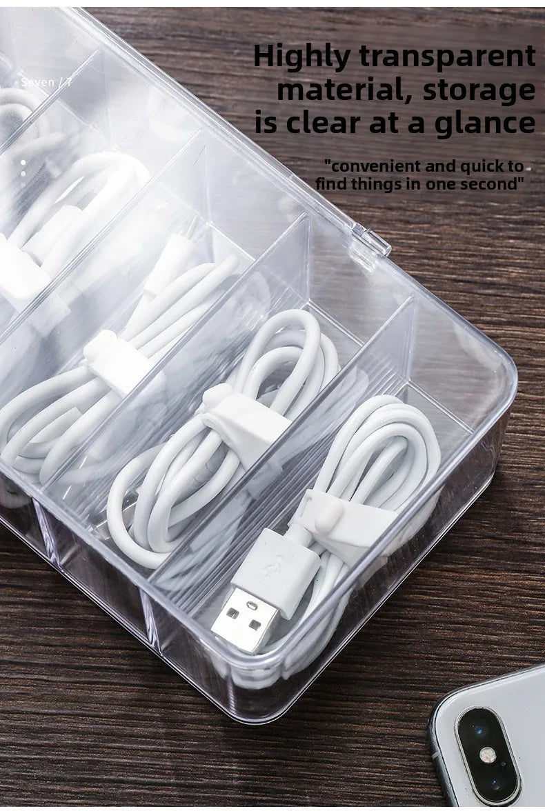 Caja de almacenamiento de cables de datos de plástico transparente, cable doméstico, cargador de teléfono móvil, Cable de carga, caja de acabado, caja de rejilla dividida