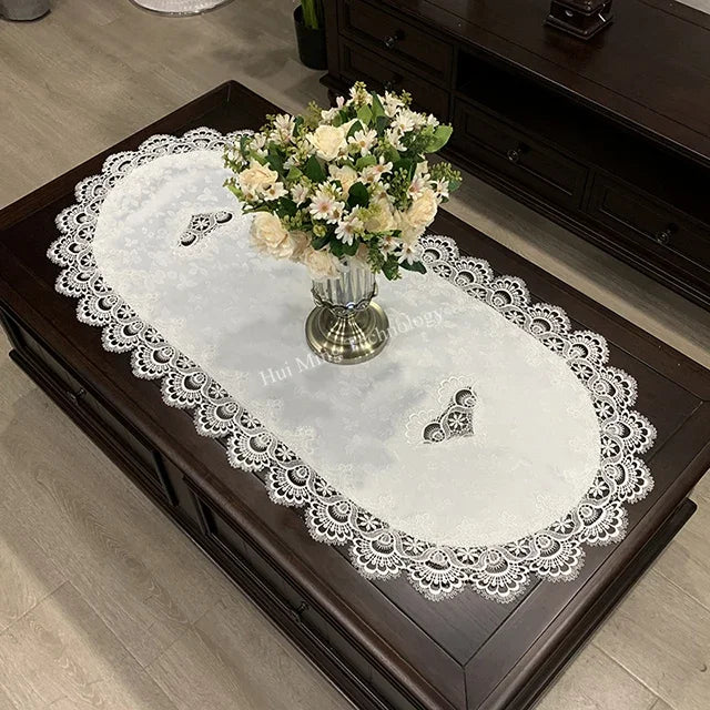 Mantel para mesa de té, cubierta de mesa de comedor, ovalada, blanca, Europa, flor bordada de poliéster, decoración del hogar de encaje para sala de estar