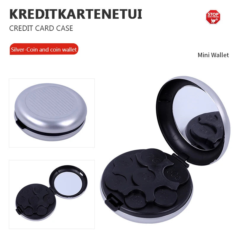 Mini caja de almacenamiento de monedas de Euro con espejo, portátil, aleación de aluminio, Circular, Zero, monedero, moda creativa, 1 unidad
