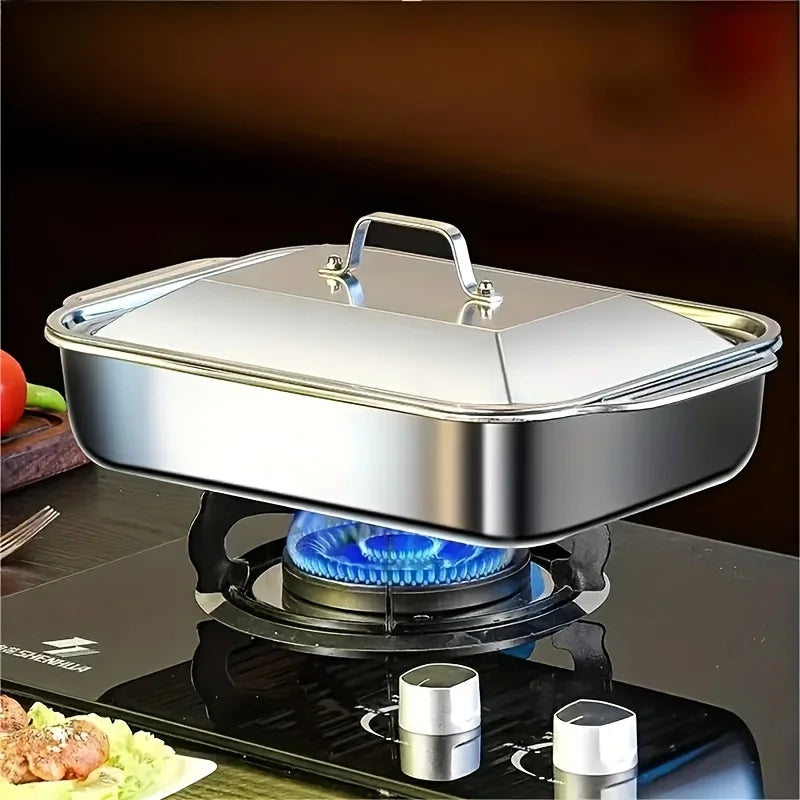 Sartén para asar cubierta de acero inoxidable, horno antiadherente grueso, seguro con asas resistentes al calor para asar, hornear, servir Buffet