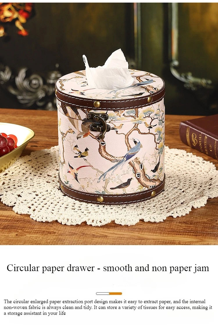 Caja de pañuelos estilo chino Guofeng, caja circular de cuero con cajón, estilo de lujo ligero, caja de servilletas adecuada para el hogar, sala de estar, dormitorio