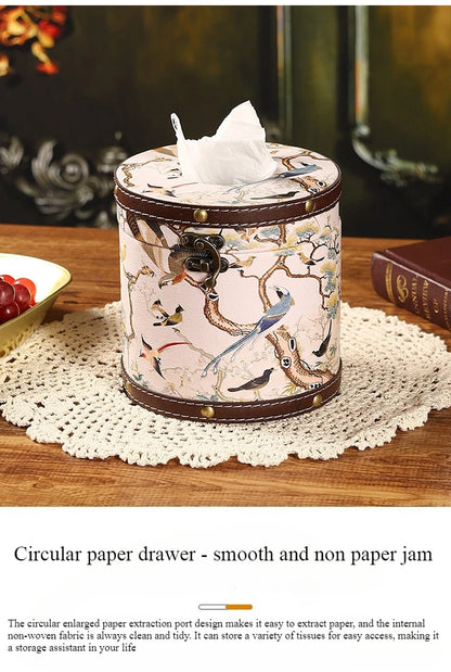 Caja de pañuelos estilo chino Guofeng, caja circular de cuero con cajón, estilo de lujo ligero, caja de servilletas adecuada para el hogar, sala de estar, dormitorio